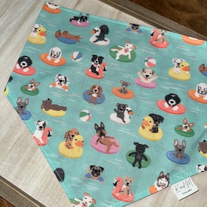 Dogs On Floats Dog Bandana, Reversible Bandana, Personalized Dog Bandana, Pet Accessory, K and M Collars, Summer, Water, Pool, Floating