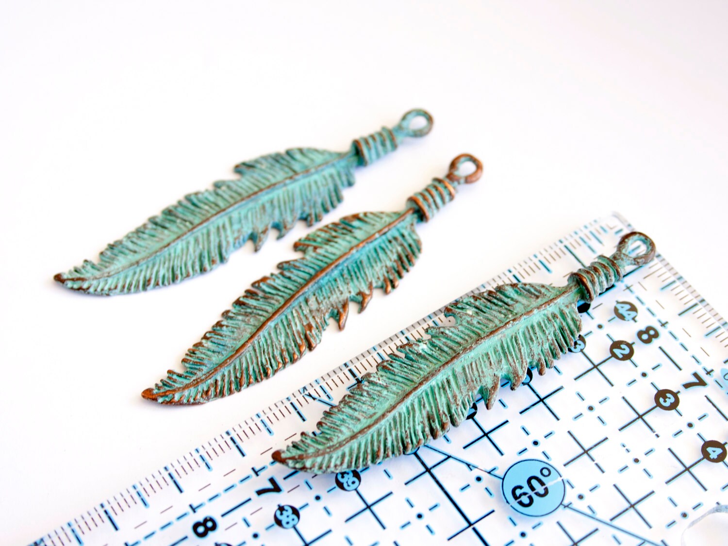 1 Pc Feather Beads Boho Beads Feather pendant Green patina on Etsy