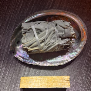 May include: An abalone shell containing a sage bundle and a palo santo stick. The shell, with its iridescent colours, cradles a grey sage bundle. A rectangular, light-coloured palo santo stick is positioned below on a dark wooden surface.