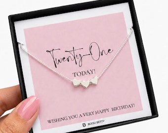 21st Birthday Silver 3 Heart Necklace, Twenty One Jewellery Gift for Her, Daughter Sister Friend Keepsake, Gift Boxed