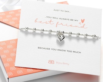 Best Friend Gift Best Friend Birthday Gift for her Best Friend Bracelet Bestie Gifts Silver Heart Bracelet and Card Gift Ideas For Friend