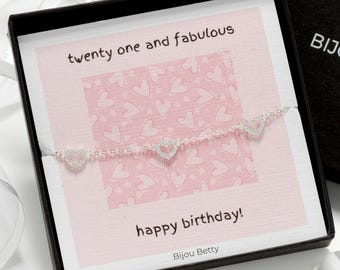 21st Birthday Sterling Silver Heart Bracelet: Daughter, Sister, Friend Gift