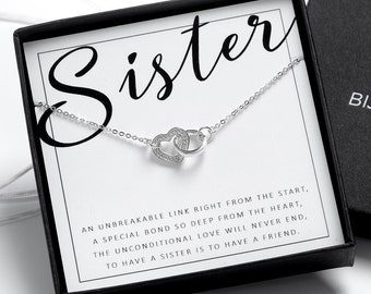 Sister Gift Necklace, Silver CZ Heart and Interlinked Circle Jewellery,  Gift for Birthday, Christmas or Wedding, Silver Plated