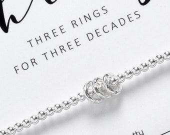 Sterling Silver 30th Birthday Bracelet: Three Rings for Three Decades