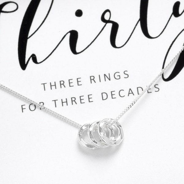 Collar de 30 cumpleaños en plata de ley, regalo de 3 anillos, joyería de recuerdo para hija, hermana y amiga