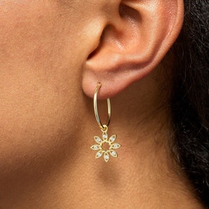 Gold Flower Hoop Earrings | 14k Gold Plated Sterling Silver | Elegant Floral Design | Cubic Zirconia Gold Hoops