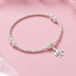 Sterling Silver Turtle Bracelet: Beaded Stretch Jewelry, Turtle Lover Gift