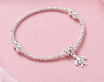 Sterling Silver Turtle Bracelet: Beaded Stretch Jewelry, Turtle Lover Gift