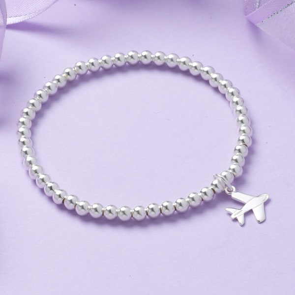 AVION BRACELET, cadeau de voyage, cadeau pour hôtesse de l’air, Bracelet extensible, superposition de bracelet, bracelet à breloques avion, bracelet de perles en argent