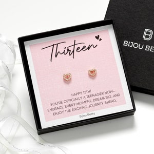 13th Birthday Earrings Sterling Silver Heart CZ Gift Keepsake Jewellery For Daughter Sister Niece Friend