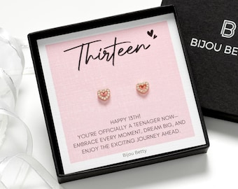 13th Birthday Earrings Sterling Silver Heart CZ Gift Keepsake Jewellery For Daughter Sister Niece Friend