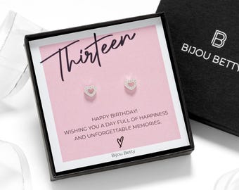 13th Birthday Sterling Silver Heart Earrings – Gift for Her, Daughter, Sister, Granddaughter, Friend