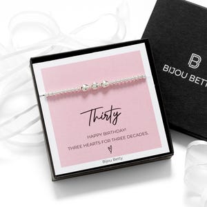 Silver 30th Birthday Bracelet, Three Hearts For Three Decades Gift for Her