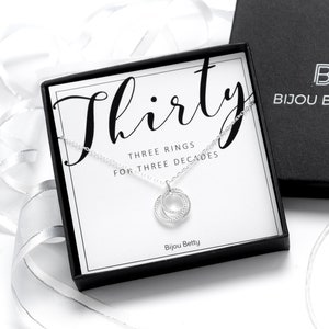 30th Birthday Necklace Sterling Silver 3 Rings CZ Gift Keepsake Jewellery