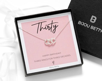 30th Birthday Sterling Silver 3-Ring Necklace – Milestone Gift For Daughter, Sister or Friend