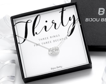 Solid Silver 30th Birthday Necklace - Three Rings Decades Necklace -  30th Milestone Gift for Daughter, Sister, Mum, Friend, Aunt, Niece