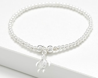 Sterling Silver Turtle Bracelet: Beaded Stretch Jewelry
