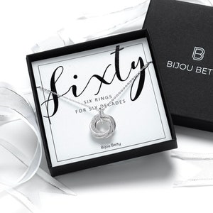 60th Birthday Sterling Silver 6 Ring Necklace Gift for Mum Sister Friend