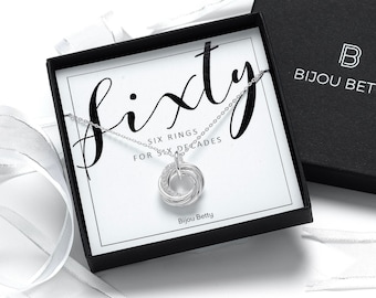 60th Birthday Sterling Silver 6 Ring Necklace Gift for Mum Sister Friend