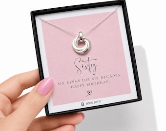 60th Birthday Necklace Sterling Silver 6 Rings Gift for Mum Daughter Sister, Six Decades Jewellery