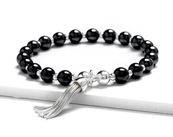 Sterling Silver Tassel Bracelet - Hematite Beads & Silver Charm