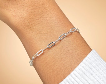 Silver Paperclip Link Chain Bracelet, 925 Sterling Silver, Dainty Paper Clip Link Chain, Women's Bracelet, Gift for Her, Minimalist Bracelet