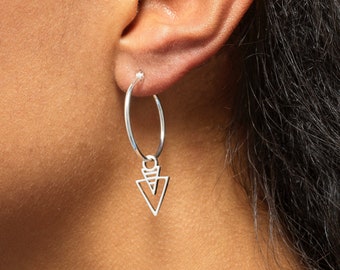 Sterling Silver Triangle Charm Hoop Earrings: Geometric Dangle Hoops