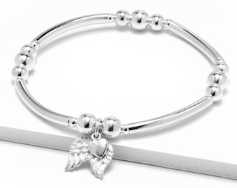 Sterling Silver Angel Wing Bracelet: Beaded Memorial Jewelry