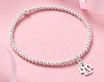 Sterling Silver Angel Charm Bracelet: Stacking Beaded Bracelet