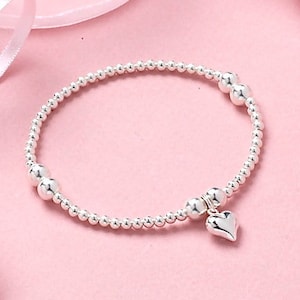 Heart Bracelet Sterling Silver Beaded Heart Charm Gift or Self Gift