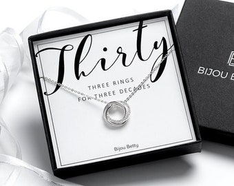 30th Birthday Silver Necklace for Her, Three Rings Milestone Gift, Daughter, Sister, Friend, Niece