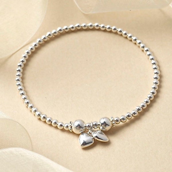 Sterling Silver Stretch Bracelet - Heart Bracelet - Heart Jewellery/Tiny Heart Bracelet/Silver ball Bracelet/Bead Bracelet/Stacking Bracelet