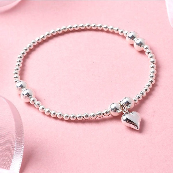 Sterling Silver Stretch Bracelet - Solid Sterling Silver Heart Bracelet - Love Heart Bracelet - Gift Ideas - Stacking Bracelet