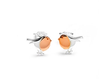 Robin Stud Earrings In Sterling Silver, Silver Bird Earrings, Tiny Robin Studs, Silver And Rose Gold, Nature Inspired, Fun Quirky Earrings