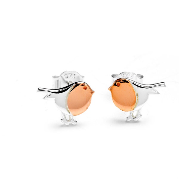 Robin Stud Earrings In Sterling Silver, Silver Bird Earrings, Tiny Robin Studs, Silver And Rose Gold, Nature Inspired, Fun Quirky Earrings
