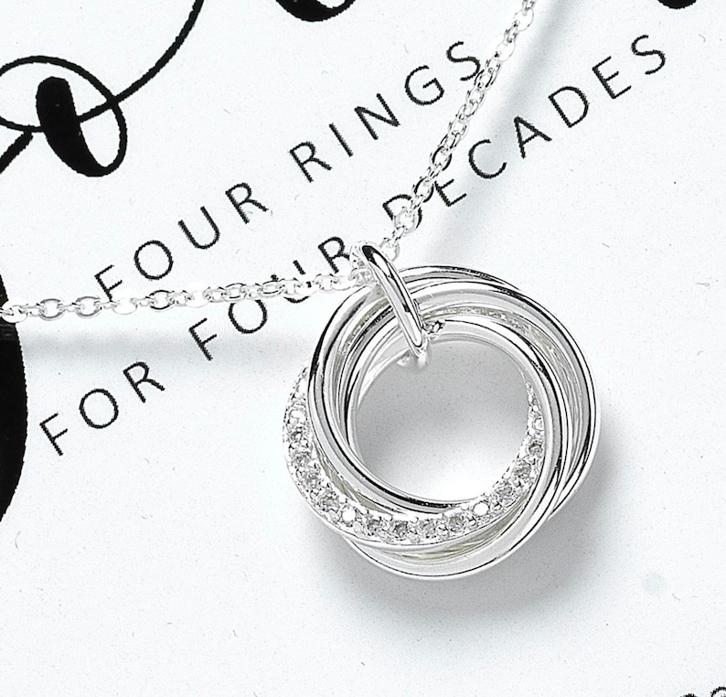 40th birthday necklace with four interlinked rings, presented in Bijou Betty gift packaging with milestone birthday message card.