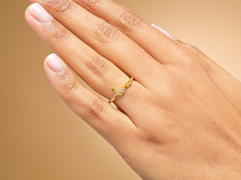 Graffiti Love Ring, Gold Script Love Ring, Stacking Ring, Self Love Ring, Dainty Love Ring, Love Word Ring, Gold Love Ring Promise Love Ring image 3