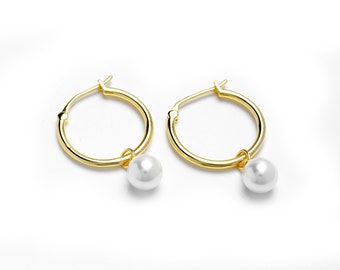 Simple Small White Pearl Hoops, Elegant Classic Pearl Hoop Earrings, Yellow Gold Pearl Hoop Earring, Golden Pearl Hoop Earring,Hoop Earrings