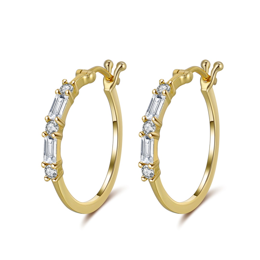 Gold CZ Hoop Earrings, Cubic Zirconia Hoop Earrings, Gold Crystal Hoops