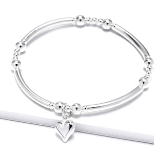 Sterling Silver Heart Charm Bracelet - Beaded Stacking Bracelet