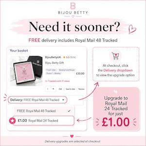 May include: An informational graphic for Bijou Betty displaying a digital shopping basket interface. It features a necklace in a gift box, a delivery dropdown menu, and text instructions on how to upgrade to Royal Mail 24 Tracked for &pound;1.00 at checkout.