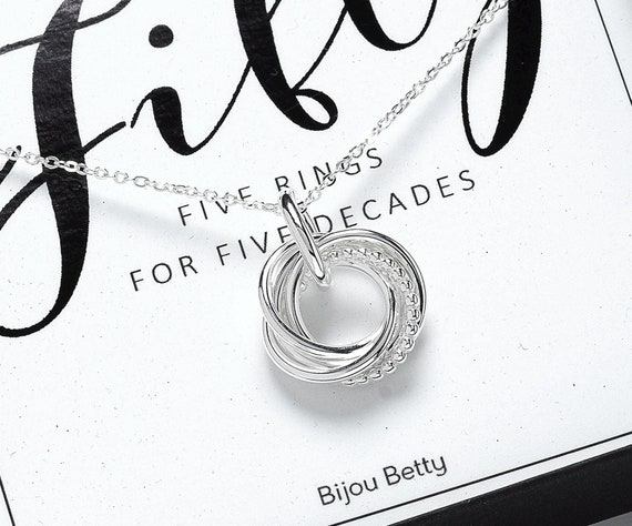 50th Birthday Gift for Her, 5 Rings for 5 Decades Necklace, Milestone Gift, Mum Sister Friend Gift, Silver or Gold Plated
