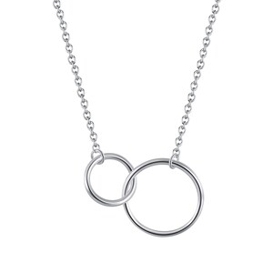 May include: A silver-coloured necklace featuring a delicate chain and two interlocking circular rings of different sizes. The polished metal rings are connected to the chain at the top, creating a simple, continuous design with a bright, reflective finish.