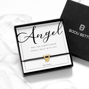 Bijou Betty guardian angel bracelet with gift bag, card, and box, great for friends or Christmas gifts.