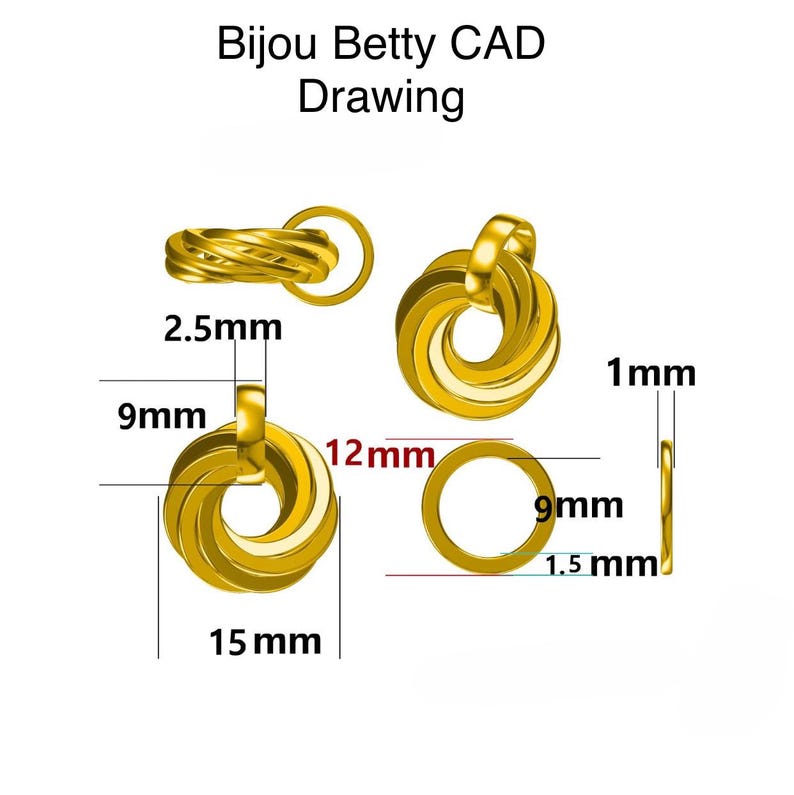 May include: A gold-colored CAD drawing titled Bijou Betty CAD Drawing showing a multi-ring pendant design. The image displays various views with measurements including a 15 mm width, 12 mm height, 9 mm inner diameter, 2.5 mm thickness, and 1 mm wire gauge.