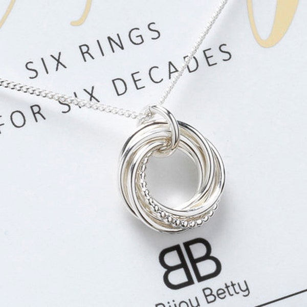 60th Birthday Gift, Silver 60th Necklace, 60th Birthday Gift for Women, 6 Silver Rings, 6th Anniversary Gift, Six Rings, Russian Rings