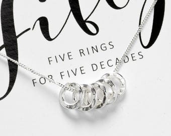 50th Birthday Sterling Silver Necklace: Five Rings for Five Decades