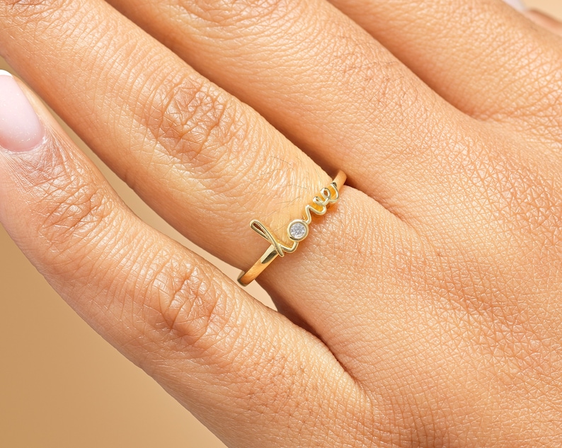 Graffiti Love Ring, Gold Script Love Ring, Stacking Ring, Self Love Ring, Dainty Love Ring, Love Word Ring, Gold Love Ring Promise Love Ring image 1