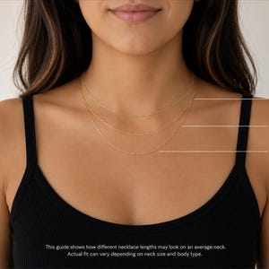 May include: Three thin gold chains worn as a layered necklace set. The lengths are labeled as 16 inches, 18 inches, and 20 inches. Text on the image states: This guide shows how different necklace lengths may look on an average neck.