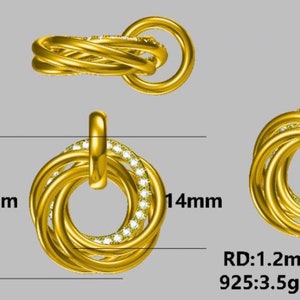 May include: A gold-toned pendant featuring three interlocking circular rings, with one ring accented by small clear stones. The pendant measures 17mm by 14mm, with a stone diameter of 1.2mm for 28 pieces and a total weight of 3.5g for the 925 silver base.